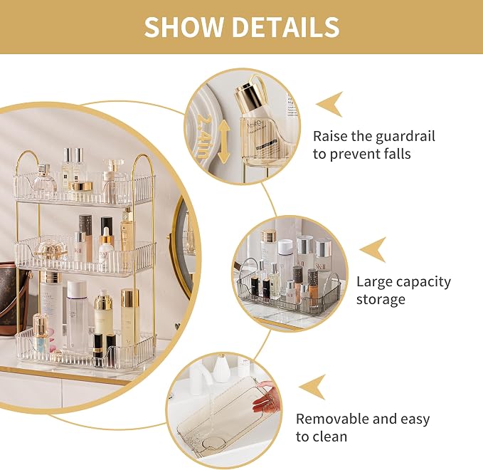 Akinbas 3 Tier Bathroom Organizer Countertop Makeup Perfume Tray Skincare Organizer for Bathroom Dresser Vanity (White) - Image 5
