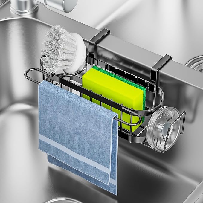 Cisily Kitchen Sink Caddy Sponge Holder in The Sink, Stainless Steel Kitchen Sink Organizer, Brush Holder, Dish Cloth Hanger, Sink Stopper Holder (Hanging-Black) by CISILYHOMELIFE
