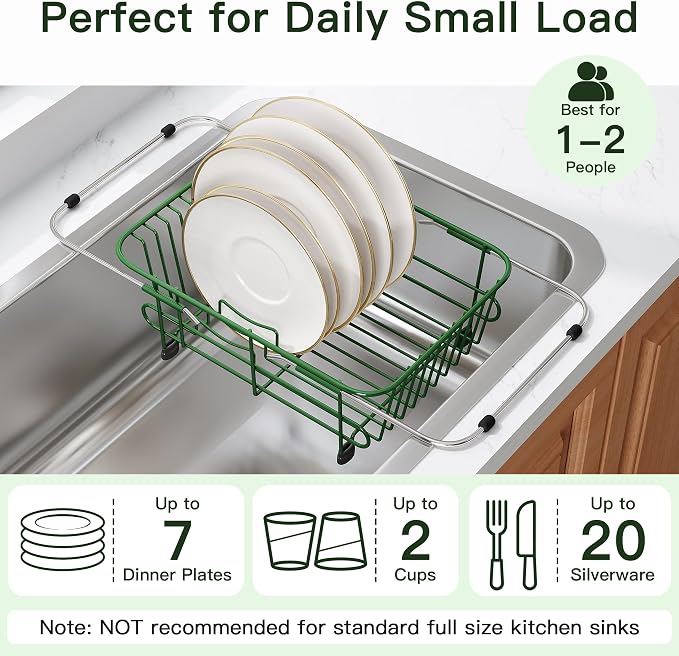 JASIWAY Green Dish Drying Rack in Sink with Utensil Holder, RV, Apartment | Over Sink Expandable Stainless Steel Dish Drainers for Compact Kitchen, Space Saving, Fast Drain, Rustproof, For 1-2 people - Image 5