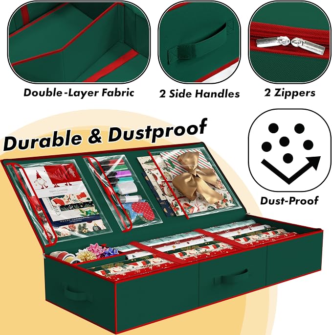 Simple Houseware 41.5" Wrapping Paper Organizer, Fits 40 Rolls, Green | Adjustable Straps, Interior Divider for Ribbons & Bows, 3 Clear Pockets for Gift Bags & Tools, 41.5"L x 16"W - Image 3