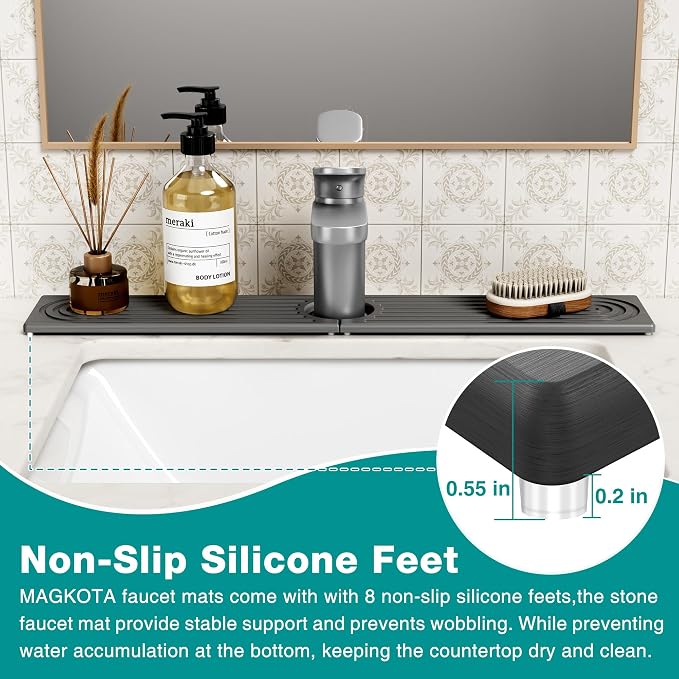 Stone Faucet Mat for Kitchen Sink - Quick Dry Diatomite Sink Splash Guard, Prevents Moisture Buildup & Water Stains, Water Absorbing Stone Tray for Bathroom Countertop (Dark Gray, 30" x 4") - Image 5
