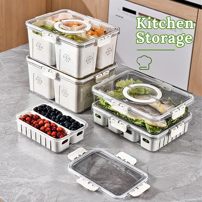 Fruit Storage Containers for Fridge with Lid and Handle, Veggie Tray Bins | Portable Fresh Produce Saver, Food Storage Container with 4 Removable Strainers,Salad Bar for Berry, Vegetable, Refrigerator - Image 8