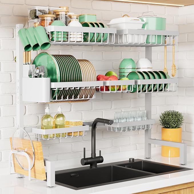 Kitsure Adjustable Over The Sink Dish Drying Rack, 31.5" -39.4" x 30.3" | Sink Drying Rack for Kitchen Sink, Dish Rack Over Sink with Cutlery & Utensil Holders, Kitchen Storage, White by Kitsure