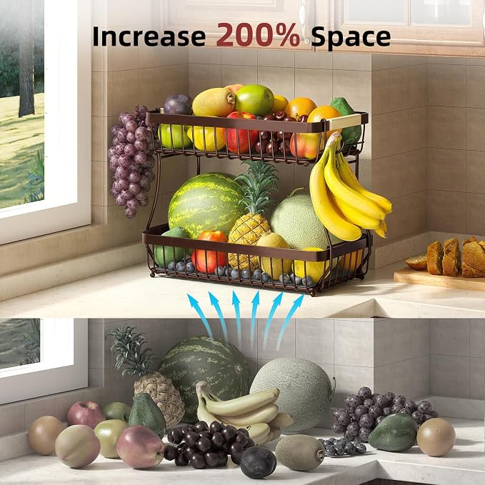 3-Tier Fruit Basket with Banana Hangers, Detachable Metal Bowl | Wooden handle, protective mats included. Versatile holder for bread, snacks, and veggies. Large 3 tier metal design. - Image 9