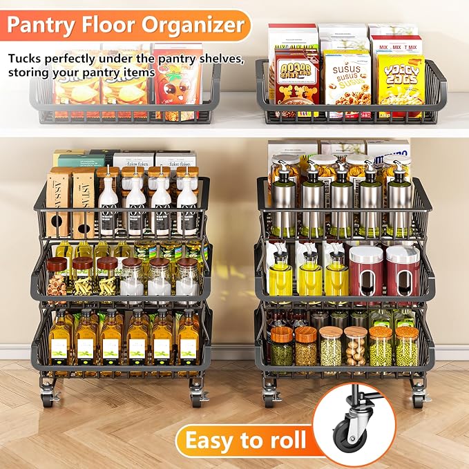 Gsiekare 3-Tier Rolling Pantry Organizer and Storage Cart with Wheels | Stackable wire pantry baskets for pantry shelves, fruit basket stand, easy to move, storage rack for food snack onion potato - Image 4