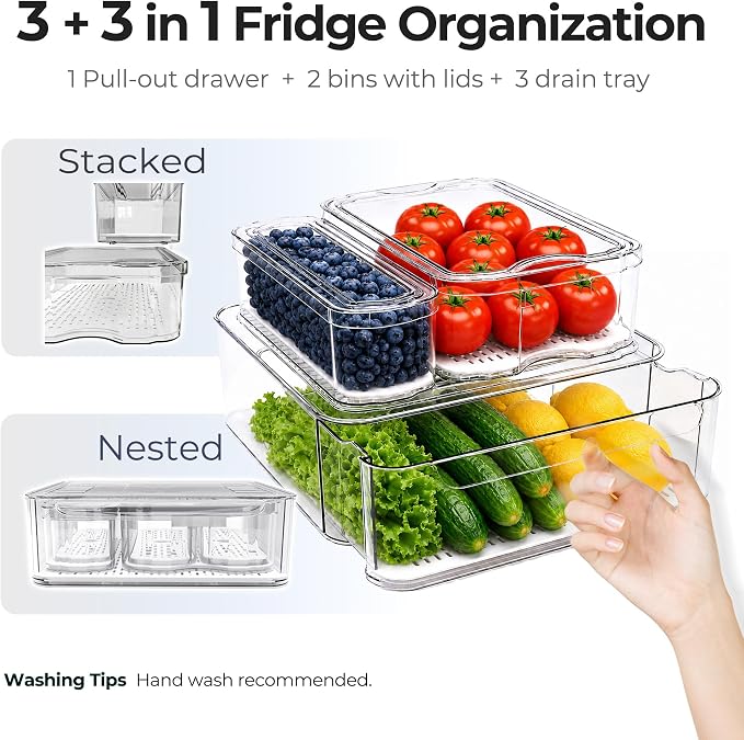 SMRCAD Clear Fridge Bins with Drain Trays - BPA-Free PET, Stackable(3 Pack) | 3 Pack: 1 Drawer + 2 lidded Bins, Helps Keep Produce Fresh, 12.5L Capacity, Hand Wash Only - Image 7