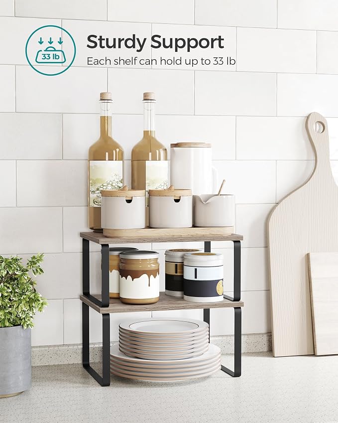 SONGMICS Cabinet Organizer Shelf, Set of 2 Spice Rack, Kitchen Storage | Mid-Century Modern Bar Stool with Stitching, Kitchen, Home Bar, Dining Room, Caramel Brown, EKHO Collection ULBC386K01 - Image 4