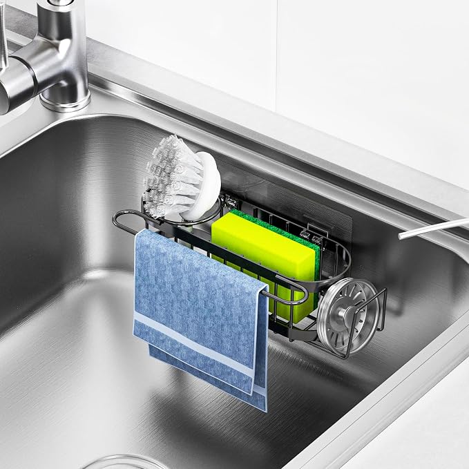 Cisily Kitchen Sink Caddy Sponge Holder in The Sink, Stainless Steel Kitchen Sink Organizer, Brush Holder, Dish Cloth Hanger, Sink Stopper Holder (Hanging-Black) - Image 3