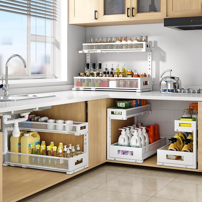 2 Pack 20.47IN Depth Under Sink Storage Organizer, Large 2-Tier Elegant Mesh Pull Out Shelf for Kitchen and Bathroom Cabinet Organization, L-Shaped and Adjustable Height Design-White - Image 6