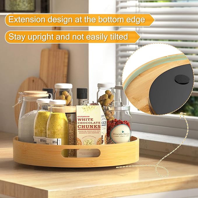 Lazy Susan Organizer Homerays 12 Inch Non-Skid Bamboo Lazy Susan for Kitchen Rotating Spice Rack with Handles, Wood Turntable for Kitchen Cabinet,Countertop (Bamboo, Medium) - Image 4