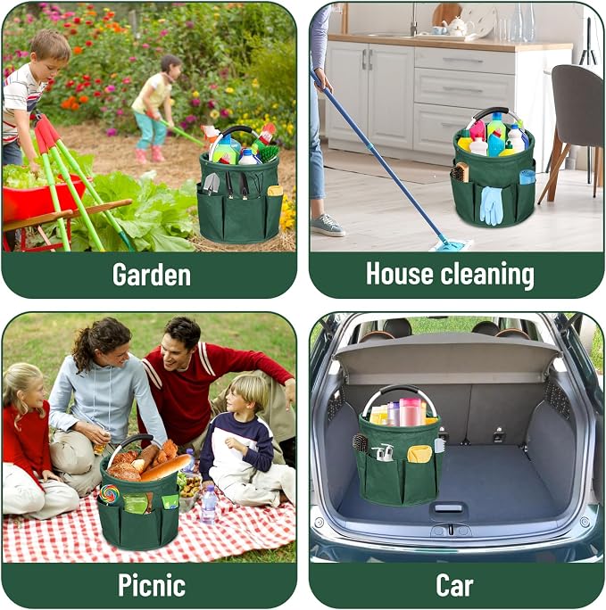 Qivine 17L Cleaning Caddy with Handle, Foldable Cleaning Supply Caddy Green | Cleaning Caddy for Cleaning Supplies, Portable Cleaning Supplies Organizer with 6 Pockets, Cleaning Bucket for Kitchen Garden - Image 6