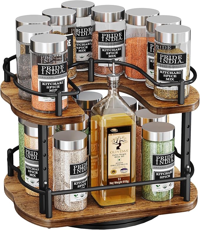 SNTD Lazy Susan Spice Rack Organizer for Cabinet, Wood, Vintage, 9 in | Rotating Turntable, Height Adjustable, Space-Saving D-Shape Design, Revolving Spice Storage for Kitchen Countertop Pantry by SNTD