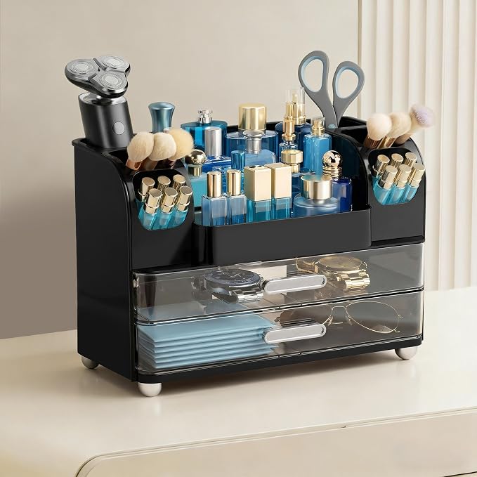 HBlife Makeup Organizer for Vanity with Brush Holder, Cologne Organizer for Men, Large Bathroom Countertop Cosmetic Organizer Skin Care Storage, Easy to Store Lipsticks, Nail Polishes, Perfumes, Black - Image 2