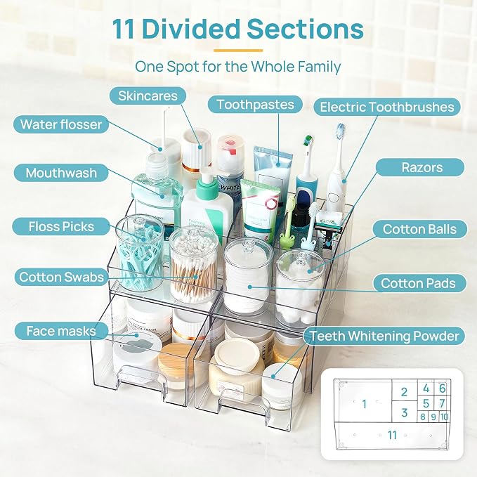 Vtopmart 7 PCS Bathroom Countertop Organizer | 1 Divided Tray, 4 Qtip Holder Jars, 2 Drawers, Clear, For Toothbrush, Cotton Pads, for bathroom countertop - Image 3