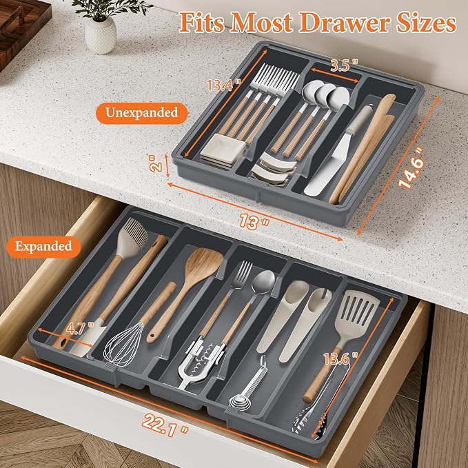 Large Expandable Silverware Drawer Organizer, Utensil Tray | Kitchen Drawer Organizer for Spoons/Forks/Knives, Multipurpose & BPA Free Cutlery Tray(1 Pack, Gray) - Image 2