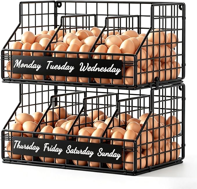 Egg Holder Countertop, Large 2T Chicken Egg Basket for Gathering Fresh Eggs | Egg Storage Organizer with Adjustable 5 Divider & Label, Stackable Wall Mounted Egg Collecting Basket Rack, XXL Black by FURMORENE