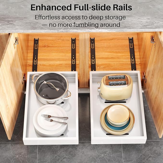 Pull out Cabinet Organizer, 21"Deep, 16.9"Wide Full-Extension Heavy Duty Slide out Drawers with Nano Adhesive, Roll Out Shelf Sliding Cabinet Storage for Kitchen, Bathroom, Pantry, Under Sink(White) - Image 4
