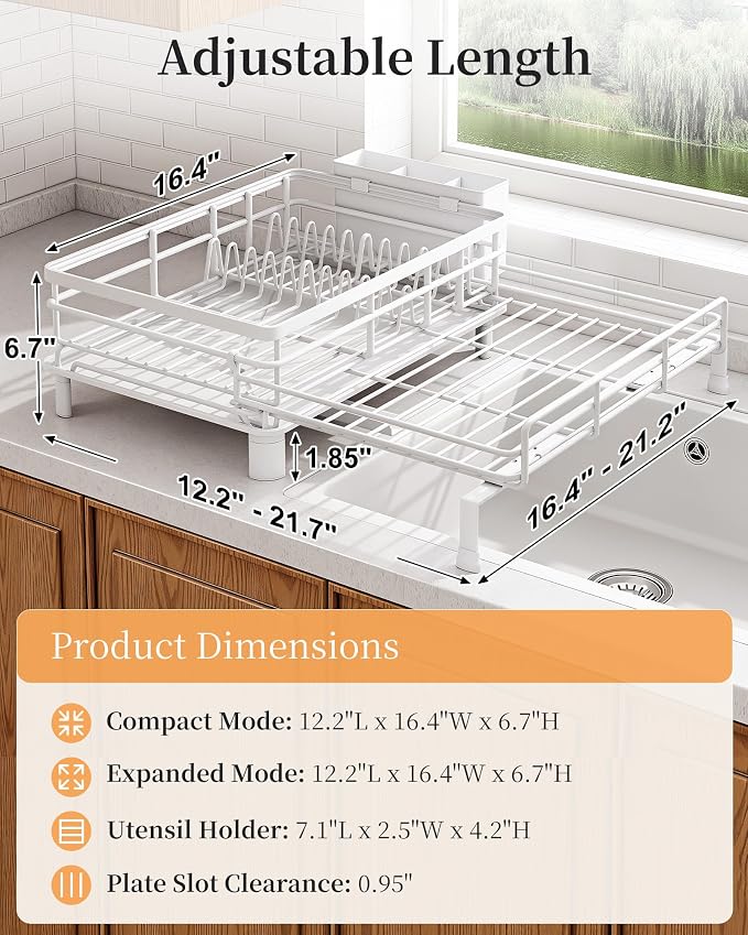 SAYZH Expandable Dish Drying Rack for Kitchen Counter, Metal, White | Foldable Over Sink, Large Capacity, Rust-Resistant, Adjustable for Most Sinks, Automatic Drainage, Removable Utensil Holder - Image 2