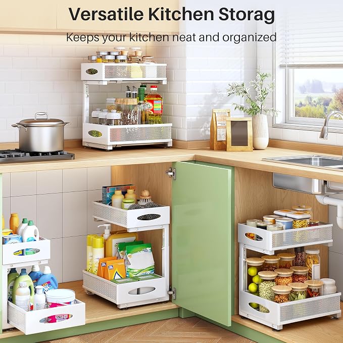 Under Sink Organizer, 2 Tier Pull out Cabinet Organizer Baskets with Mesh Sliding Drawers, Slide out Storage Shelf for Home, Kitchen, Bathroom, Pantry, Office Cabinet(1 Pack, White) - Image 9