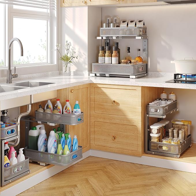 1 Pack 15.7IN-Depth Under Sink Organizer With Smooth Cylindrical Rail,2-Tier Pull Out Multi-Purpose Cabinet Storage for Bathroom&Kitchen,Height Adjustable,Rust-resistant Coating-Gun Gray - Image 7