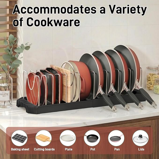 Expandable Pan Organizers Inside Cabinet with 12 Dividers Black | Extends 12.9-21.9", Holds cookie sheets, cutting boards, pot lids and pans, iron dividers, plastic base, under cabinet rack - Image 4