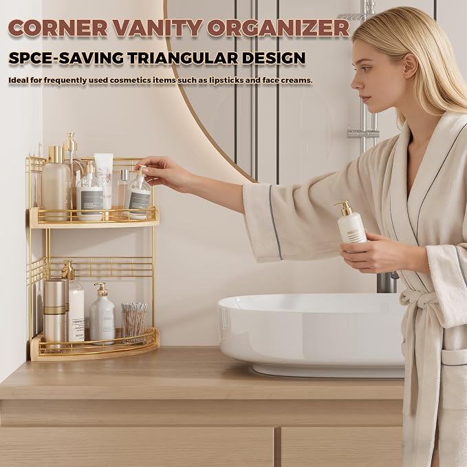 Bathroom Countertop Corner Organizer for Small Spaces, 2-Tier Counter Shelf | Oak Wood & Iron Counter Shelf for Sink & Vanity Corners, Skincare, Toiletries, Space-Saving, Compact Vertical Storage Natural - Image 4
