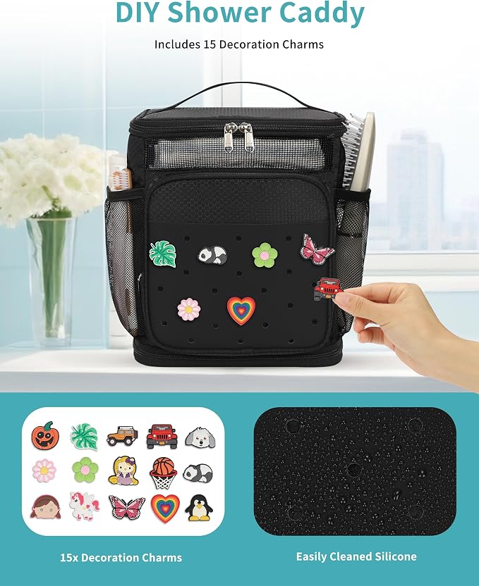 Shower Caddy Portable, Hanging Shower Caddy for College Dorm Room Essentials, Mesh Shower Bag with DIY Decoration Charms, Large Capacity Toiletry Bag for Gym, Swiming, Camping, Bathroom, Beach, Travel - Image 6