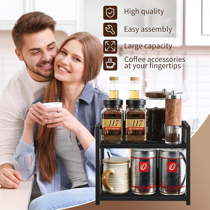 YINMIT Kitchen Countertop Organizer,Spice Rack,Coffee Bar Shelf Organizer | 2-Tier Coffee Station,Seasoning Storage,Syrup,Mug Cup,Bottle Holder,Bathroom Vanity,Pantry,Bedroom and Office,Black, Small - Image 7