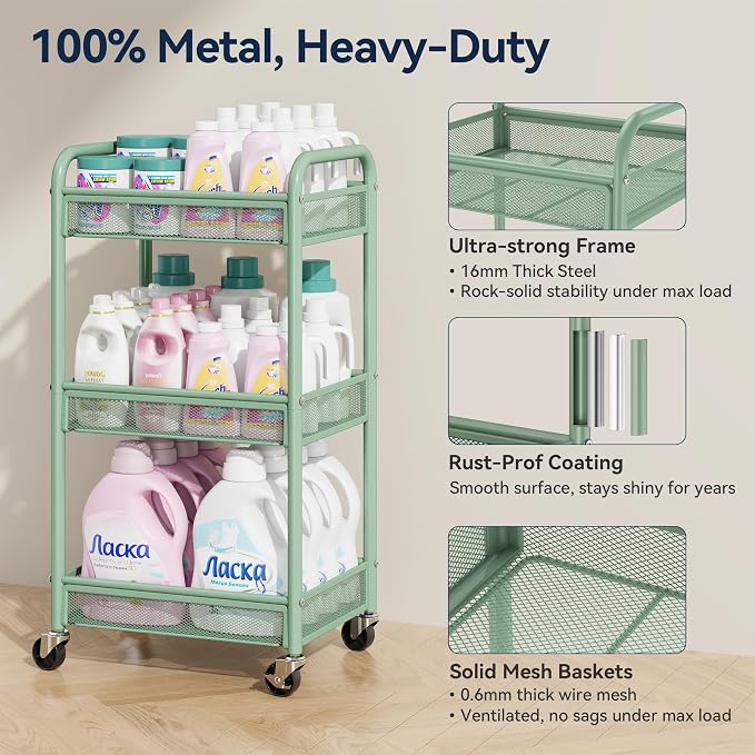 3 Tier Metal Rolling Cart, Green Utility Storage Cart with Wheels | Metal Mesh Craft Cart With Hooks & Hanging Cups, Ideal For Kitchen, Bathroom, Office, Dorm, Art Workspace, Bedside Storage - Image 2