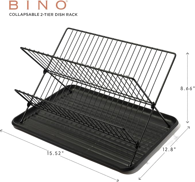 BINO 2-Tier Collapsible Dish Rack with Tray - Matte Black | Dish Drainer Kitchen Plate | Holders for Cups & Plates | Foldable Rack for Kitchen Countertop | Storage and Organization - Image 2