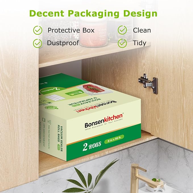 Bonsenkitchen Vacuum Sealer Bags Rolls, 2 pack 8 in x 50 ft Rolls | Commercial Grade, Heavy Duty, Durable Food Sealer Bags, Seal a Meal, Food Storage & Sous Vide Cooking, BPA Free, VB23 - Image 4