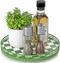 Green and White Checkerboard Lazy Susan with Rubberwood Base and Metal Rail | Smooth rotating oak tray with walnut finish for dining tables, kitchen counters, pantries and cabinet storage. by AMH