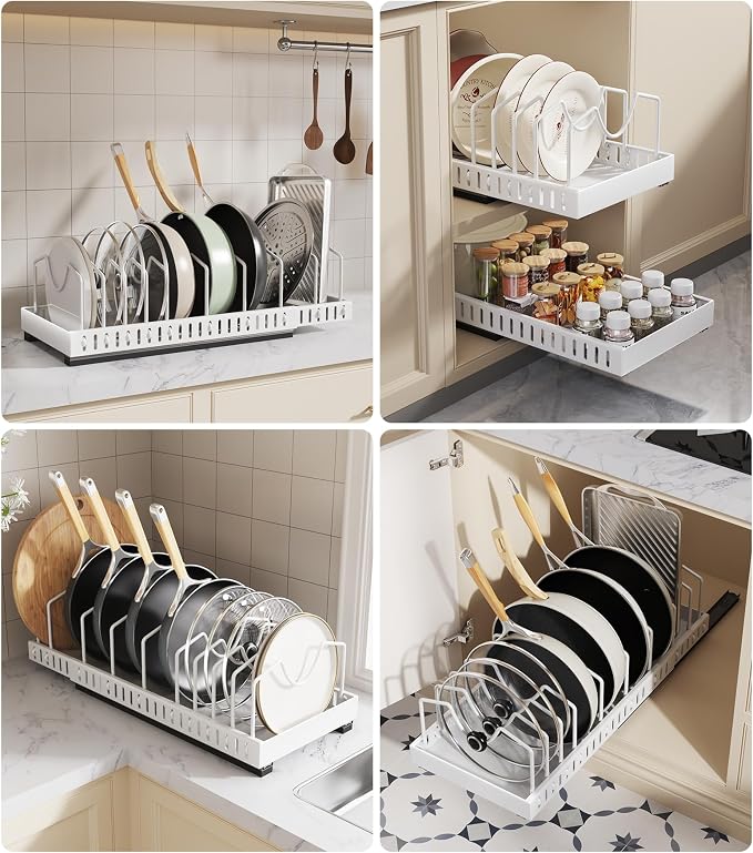 Pull Out Pots and Pans Organizer Under Cabinet, Expandable Sliding Lid Holder and Pan Rack for Kitchen, Slide Out Inside Cabinet for Pot Lid, Bakeware, Dishes, 10 Adjustable Dividers, 1 Pack White - Image 7
