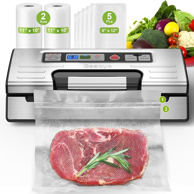 95kPa Precision Vacuum Sealer Machine, Double Heat Seal for Dry/Moist Food, Easy-Lock Handle, Built-in Bag Storage & Cutter, Progress Display, Pulse Mode, Removable Drip Tray, Silver by Gasbye