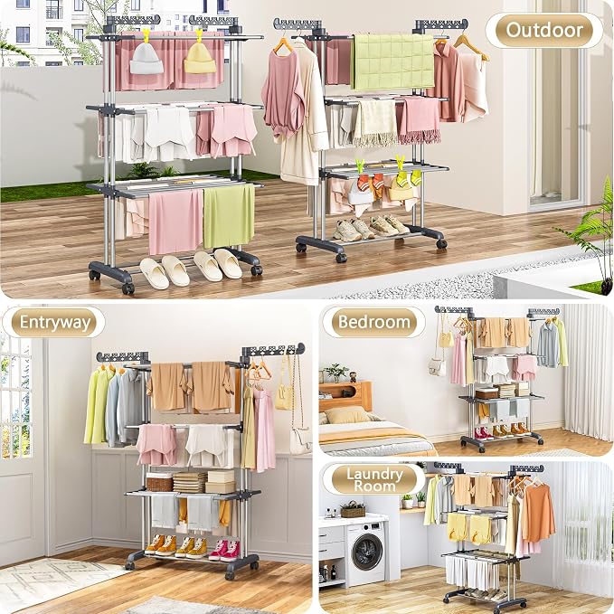 Upgraded 4-Tier Clothes Drying Rack, Drying Rack Clothing with Wheels | Large Foldable Laundry Drying Rack, Clothes Rack with Side Hooks for Indoor Outdoor Air Drying, 19.68"D x 29.9"W x 67.7"H - Image 5