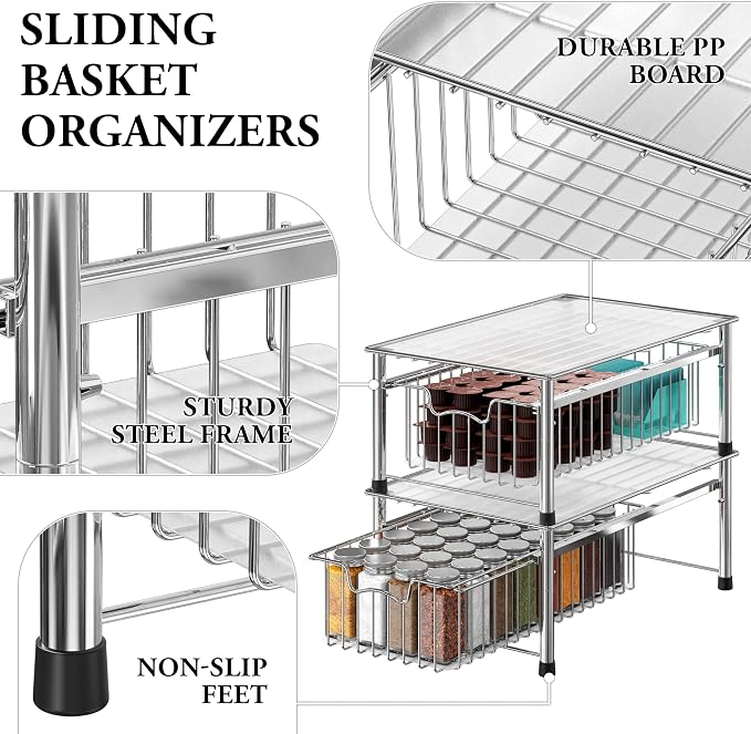Simple Houseware Stackable Basket Drawer, Chrome (Pack of 2) - Image 4
