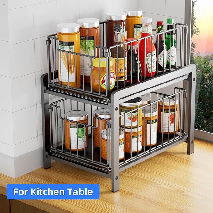 2-Tier Pull Out Cabinet Organizer, Slide Out Under Sink Organizer | Metal Cabinet Baskets with Mesh Sliding Drawer for Home, Office, Bathroom, Kitchen, Pantry Storage Shelf, Large Black - Image 7