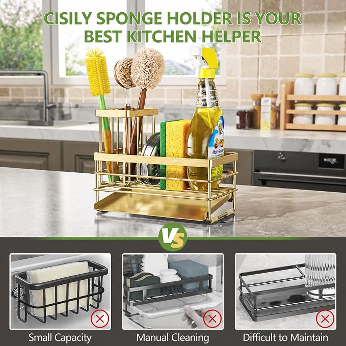 Cisily Gold Sink Caddy Sponge Holder for Kitchen with Brush Holder and Stainless Steel Self Drain Tray, Rustproof Kitchen Sink Organizer for Sponge, Soap Dispenser Storage Accessories - Image 4