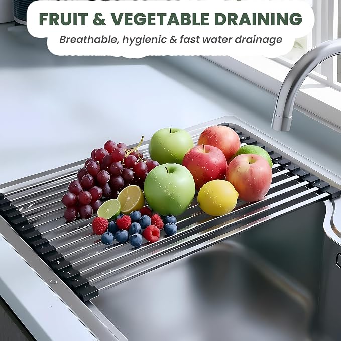 Roll Up Dish Drying Rack Over the Sink 17 x 13’’, 304 Stainless Steel Black | 17 x 13’’, Sink Rack, Rust-Resistant, Foldable Non-Slip Kitchen Drainer Mat for Dishes, Produce, RV & Small Kitchens - Image 4
