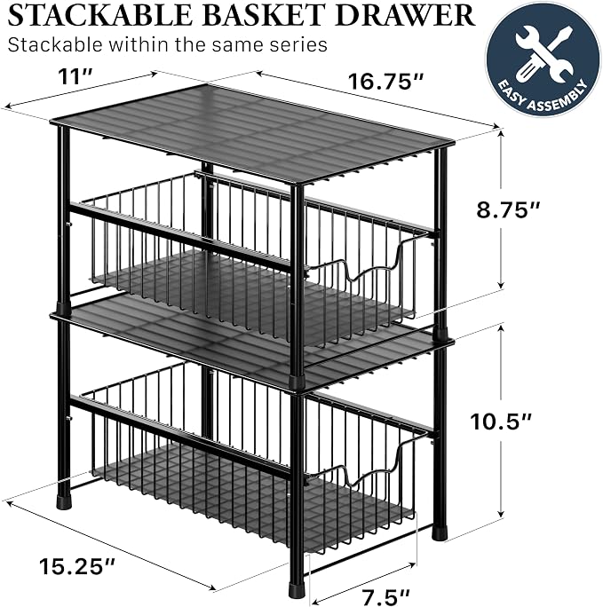 Simple Houseware Wired Stackable Under Sink Cabinet Sliding Basket, Black | Free Standing Organizer Drawer, Kitchen/Pantry/Cabinet/Counter - Image 2