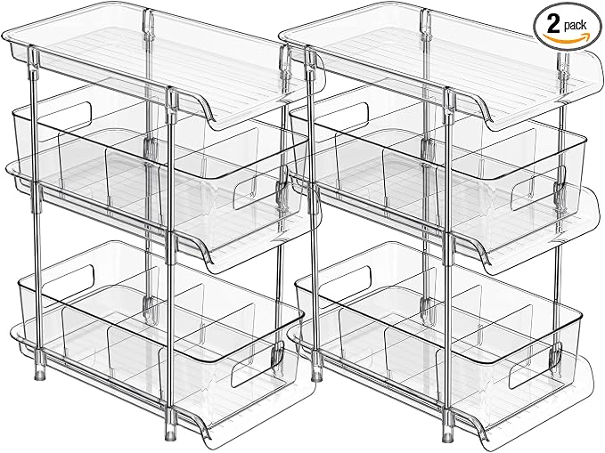 2Set 3 Tier Clear Bathroom Organizer with Dividers, Pull-Out Pantry Organization and Storage, Multi-Purpose Under Sink Organizers and Storage, Vanity Skincare Cosmetic Closet Organizer Medicine Bins by XIANKE