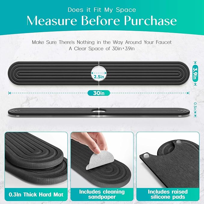 Stone Faucet Mat for Kitchen Sink – Diatomite Fast-Drying Stone Tray, Faucet Mat Sink Splash Guard, Decorative Sink Protector for Kitchen Bathroom Counter (Dark Grey, 30''x3.9'') - Image 3