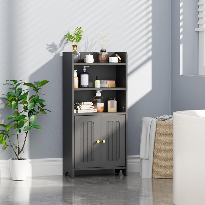 BEWISHOME Bathroom Storage Cabinet,Small Floor Cabinet,Toilet Paper Cabinet | with 2 Doors and Shelves, Bathroom Organizers and Storage for Small Spaces, Black 7.9" D x 14.6" W x 31" H YYG08B - Image 3