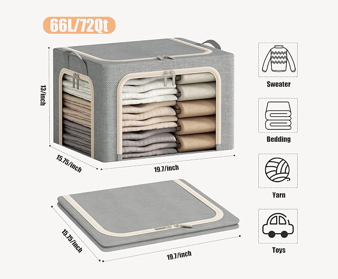 3 Openings Large Clothes Storage Bins with Metal Frame, Foldable Storage Bin for Clothes, Clothing Storage Bins with Lid, Linen Storage Box With Clear Window＆ Zippers＆ Handles.(3 Pcs,Light Grey,66L) - Image 6