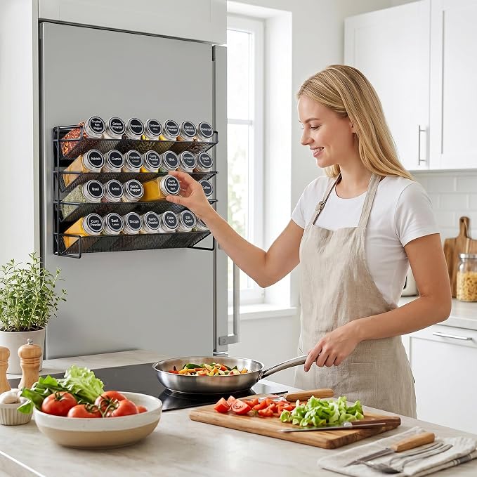 Spice Rack Organizer for Cabinet with 28 Spice Jars, 386 Spice Labels, Magnetic Spice Rack for Refrigerator, Seasoning Organizer for Countertop, Kitchen, Pantry, 13.2" W x 9.8" H, Black - Image 2