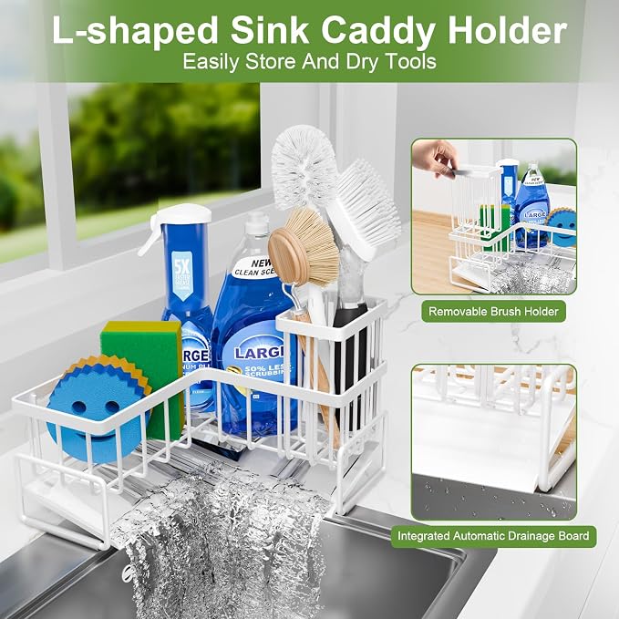 Fikoksol Large Sponge Holder for Kitchen Sink, 90-Degree Sink Caddy Storage | Self Draining Sponge Rack for Countertop, Metal L-Shaped Dish Soap Organizer with Brush Holder, Corner Sink Storage Ideas - Image 4