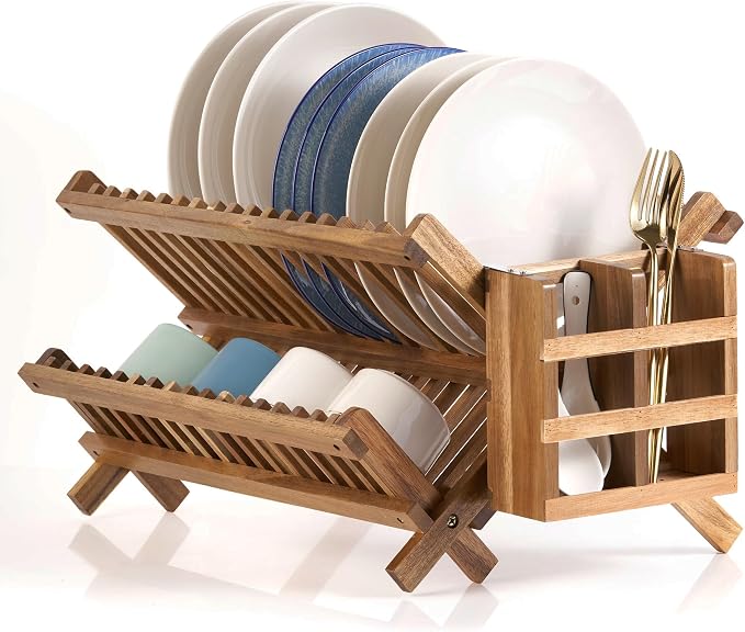 NOVAYEAH Acacia Wooden Dish Drying Rack for Kitchen Counter 2-Tier Collapsible Bmaboo Dish Drying Rack with Utensil Holder-Large Folding Dish Drainer Rack with Flatware Holder 34 pcs Grid | 2-Tier Collapsible Dish Drying Rack with Utensil Holder-Large ... by NOVAYEAH