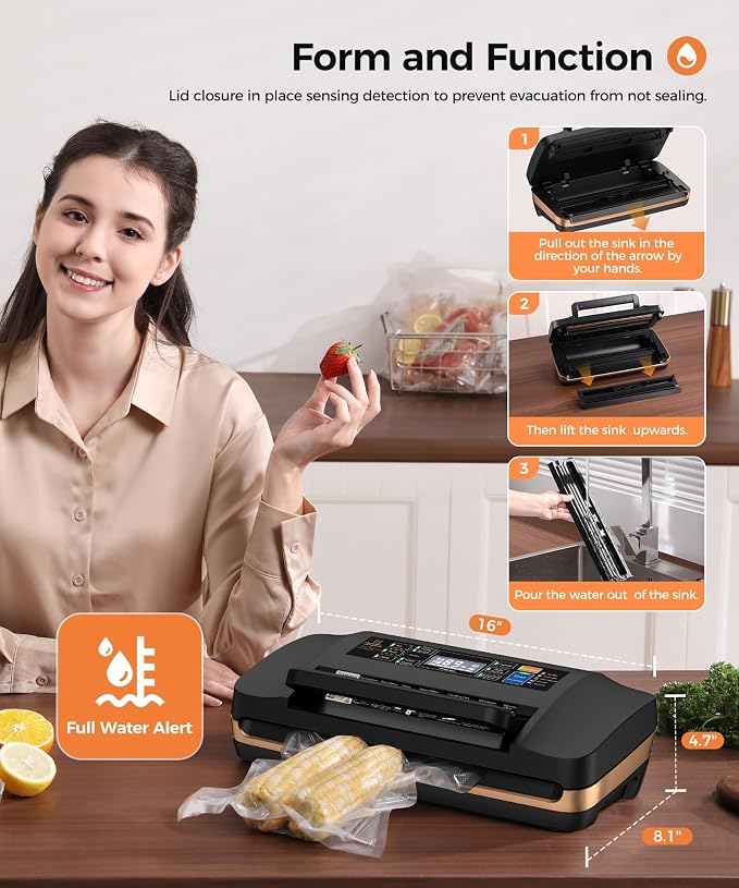 95KPa Powerful Commercial Vacuum Sealer Machine, 2X Strength Double Seal | 10-in-1 Dry/Moist Vacuum Sealer for Food, Built-in Cutter & Bags Storage, Easy-Lock Handle, Includes 1 Roll & 10 Bags, Black - Image 5