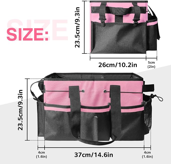 Cleaning Caddy Tote with Removable Dividers - 17.8x12.2x9.3in Waterproof Tool Organizer Bag with Handles & Adjustable Shoulder Strap for Housekeepers, Cleaners & Car Detailing Supplies (Pink) - Image 2
