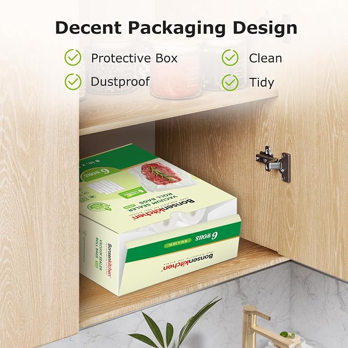 Bonsenkitchen 6 Rolls 8" x 16' Vacuum Sealer Bags for Food with a Color Box | Commercial Grade, Food Storage or Sous Vide, Puncture Resistant Heavy Duty Design, BPA Free Food Grade Safe Material, VB20 - Image 3